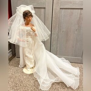 Ashton Drake Vintage China doll-Bride with veil train & lace satin beaded dress